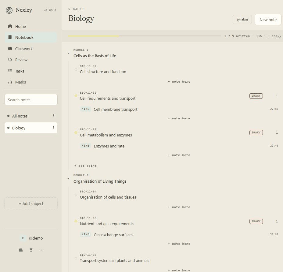 Nexley open on a Biology subject. A syllabus tree shows Module 1 with dot points BIO-11-01 to BIO-11-03, two of them filled in and holding notes titled Cell membrane transport and Enzymes and rate. A bar across the top reads 3 of 9 written, 33 per cent.